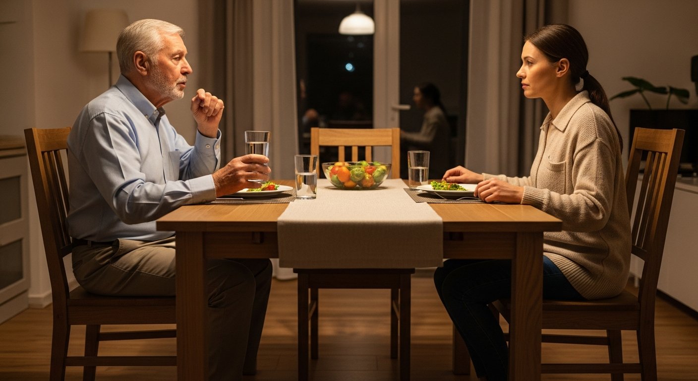 A family dinner scene: an older man at the head of the table pauses mid-meal, glass of water in hand, a brief contained